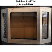 Hexagonal metal frame with glass panel and stainless steel trim, labeled 'Stainless Steel Trim Around Glass'.