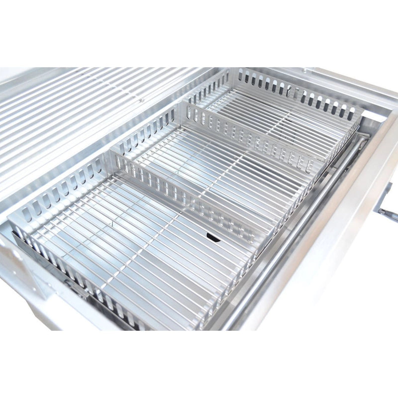 Kokomo Grills 32” Built-In Charcoal Grill with 304 stainless steel, adjustable charcoal tray, and double-wall hood for heat retention.