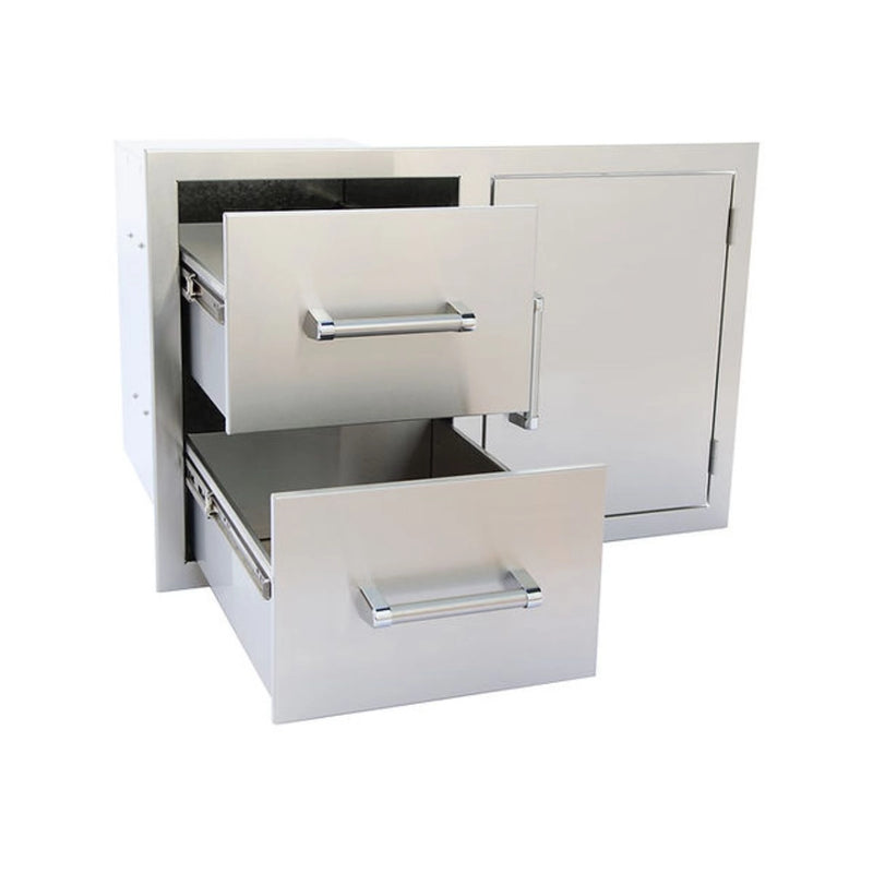 Kokomo Grills 2 Drawers and Door Combo in stainless steel with sleek handles for outdoor kitchen storage and organization.