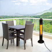 Outdoor patio set with table and chairs on a balcony, featuring a patio heater.