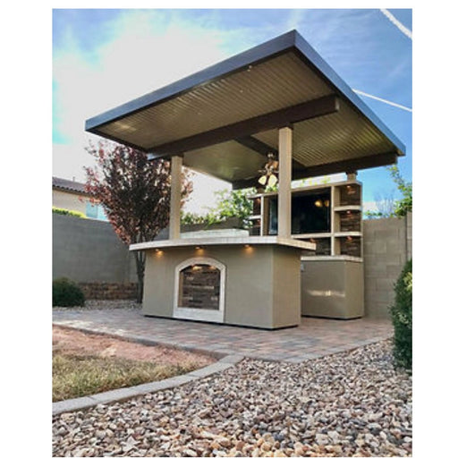 Kokomo Grills St. Croix Outdoor Kitchen with built-in 32" 4-burner BBQ grill, stone back wall, and 12x12 patio cover.