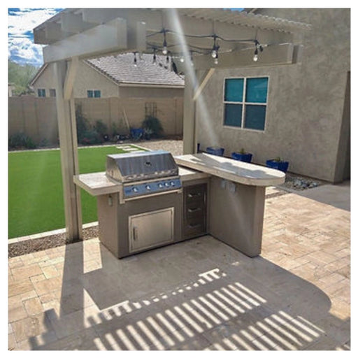 Kokomo Grills Aspen BBQ Island with 4 Burner Grill featuring 5'6" tile countertop, Spectrum Brown stucco, storage door, and double-sided bar.