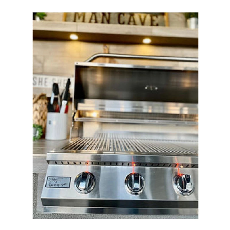 Kokomo Grills Fantasy Island 20'x20' featuring a 5 burner 40" stainless steel grill with illuminated control knobs and a sleek design.