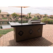 Kokomo Grills St. John 7'6" BBQ Island with Spectrum Brown stucco finish, tile countertop, and high bar on three sides.