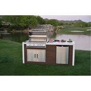 Kokomo Grills Classic Shiplap Outdoor Kitchen with 7'6" size, porcelain countertop, 4 burner grill, double doors, and outdoor fridge.