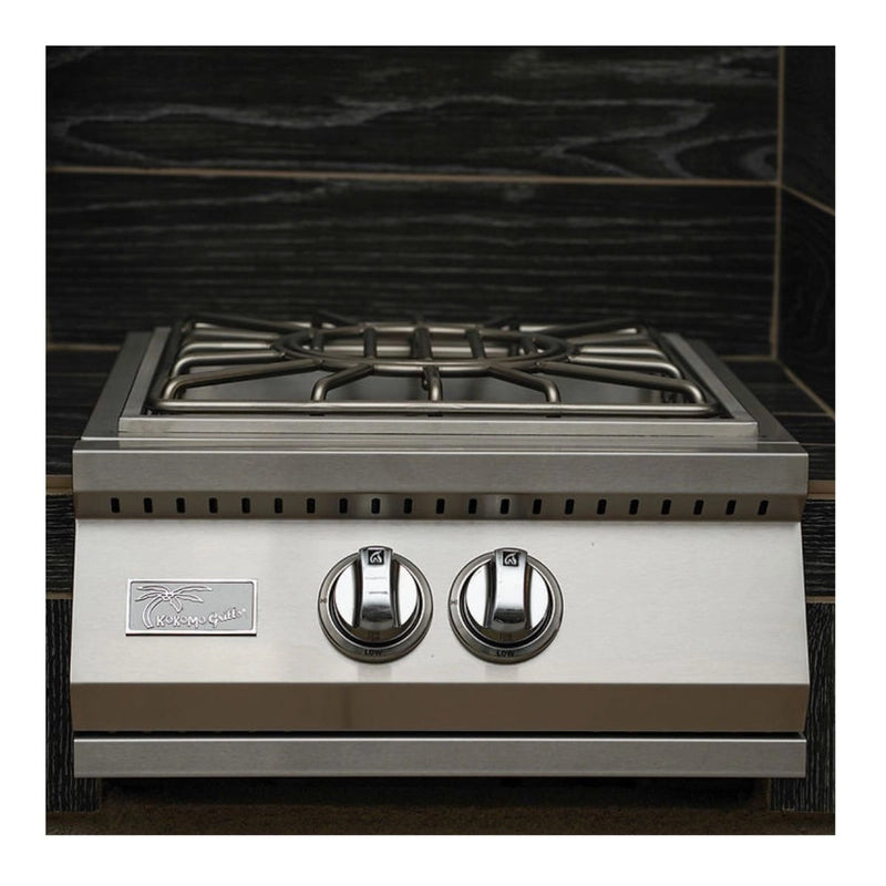 Kokomo Grills Built-in Power Burner stainless steel with removable wok grate, push-turn knobs, and curved handle cover.