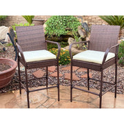 Kokomo Grills Rattan Outdoor Bar Stools 2 Pack with armrest, footrest, 30” seat height, and cream cushions in brown wicker