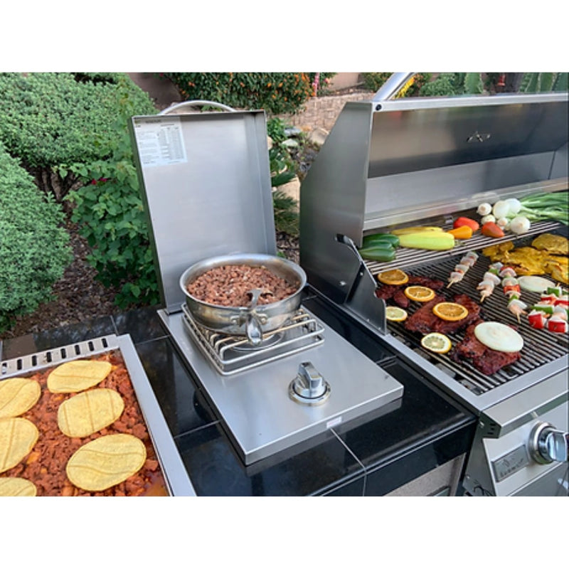 Kokomo Grills Teppanyaki Built-In BBQ Grill with side burner, 7'6" modular island, stainless steel, storage drawers, versatile outdoor kitchen.