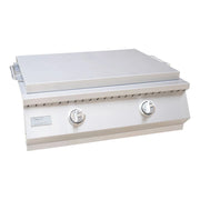 Kokomo Grills Griddle 30 Inch Outdoor Kitchen with stainless steel lid, dual burners, two control knobs, and 304 stainless steel construction.