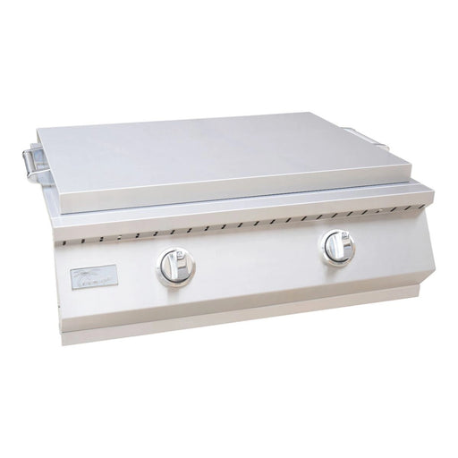 Kokomo Grills Griddle 30 Inch Outdoor Kitchen with stainless steel lid, dual burners, two control knobs, and 304 stainless steel construction.