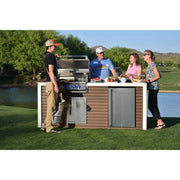 Kokomo Grills Professional Shiplap Outdoor Kitchen with 7'6" shiplap siding, porcelain tile countertop, grill, fridge, and storage drawers
