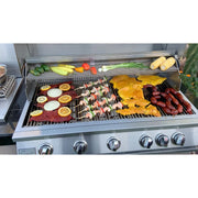 Kokomo Grills 40” Built in Gas Grill with 5 burners and infrared back burner in stainless steel, cooking various grilled foods.