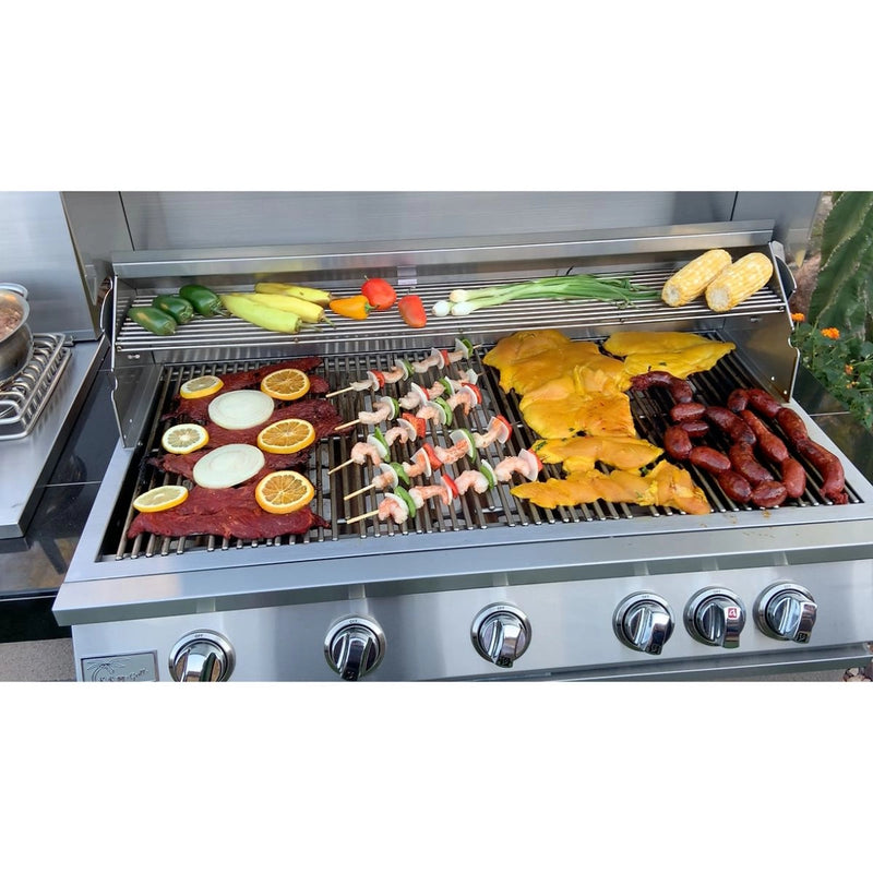 Kokomo Grills 40” Built in Gas Grill with 5 burners and infrared back burner in stainless steel, cooking various grilled foods.