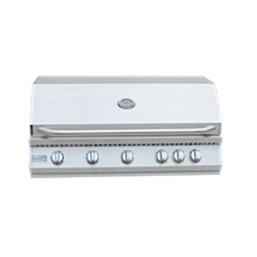 Kokomo Grills 40” Built-in Gas Grill with five stainless steel burners, hood-mounted gauge, and SureLight ignition system.