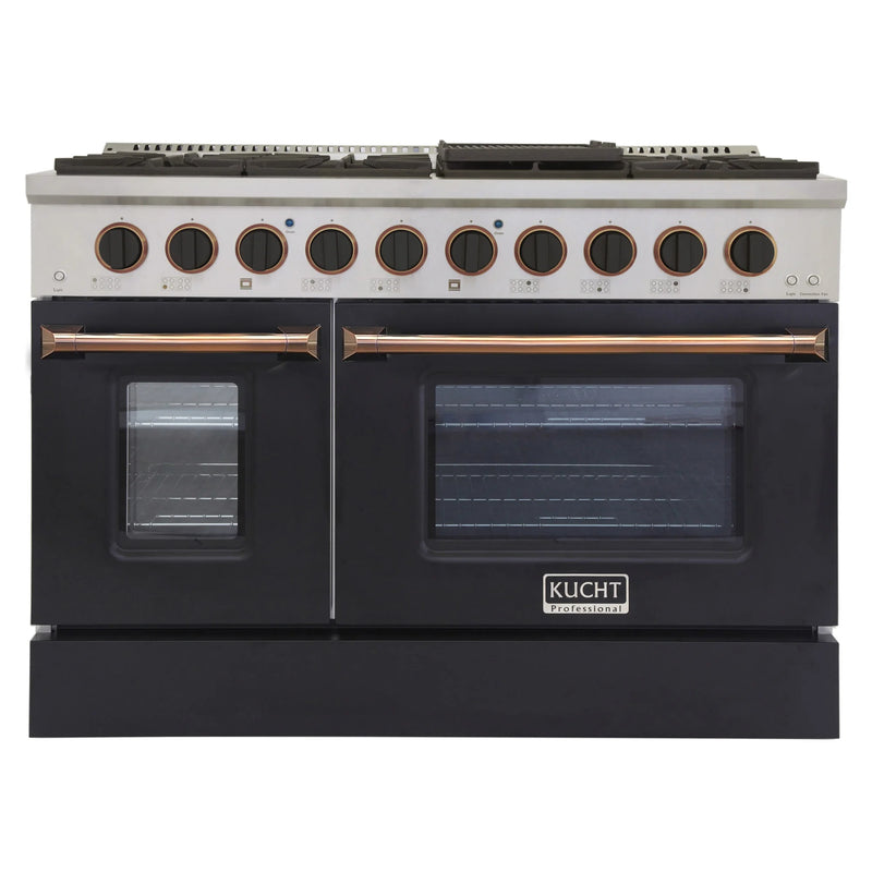 Kucht Professional 48" 6.7 cu ft. Propane Gas Dual Fuel Range with Black Door and Gold Knobs, KDF482/LP-K-GOLD