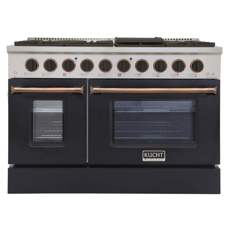 Kucht Professional 48" 6.7 cu ft. Propane Gas Range with Black Door and Gold Knobs, KNG481/LP-K-GOLD