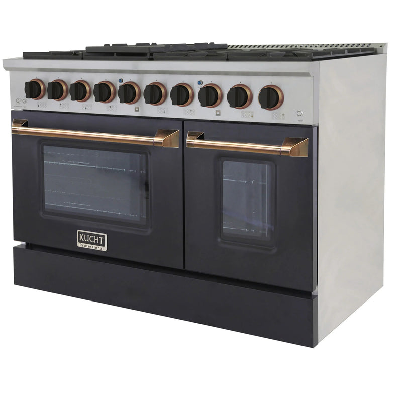 Kucht Professional 48" 6.7 cu ft. Natural Gas Dual Fuel Range with Black Door and Gold Knobs, KDF482-K-GOLD