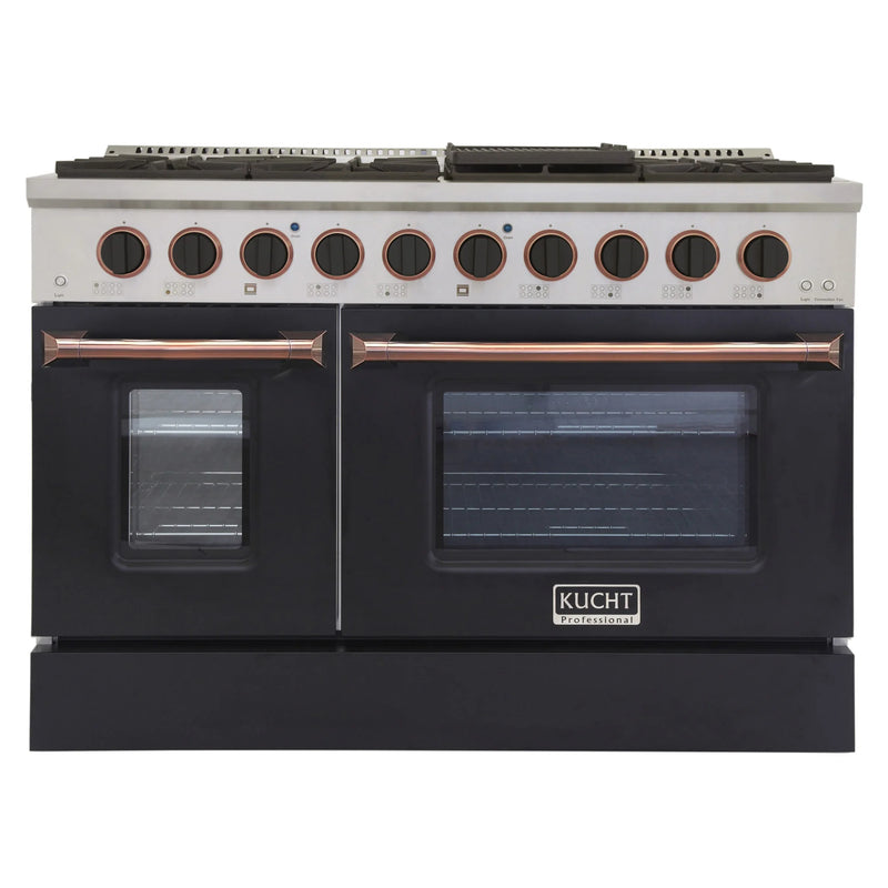 Kucht Professional 48" 6.7 cu ft. Natural Gas Dual Fuel Range with Black Door and Rose Gold Knobs, KDF482-K-ROSE