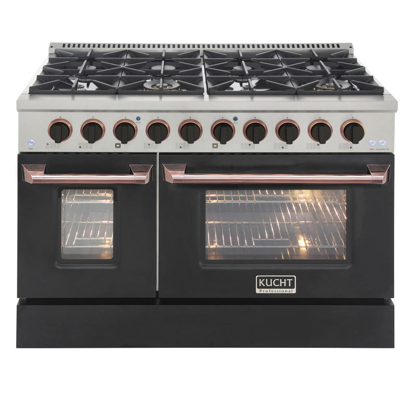 Kucht Professional 48" 6.7 cu ft. Natural Gas Dual Fuel Range with Black Door and Rose Gold Knobs, KDF482-K-ROSE