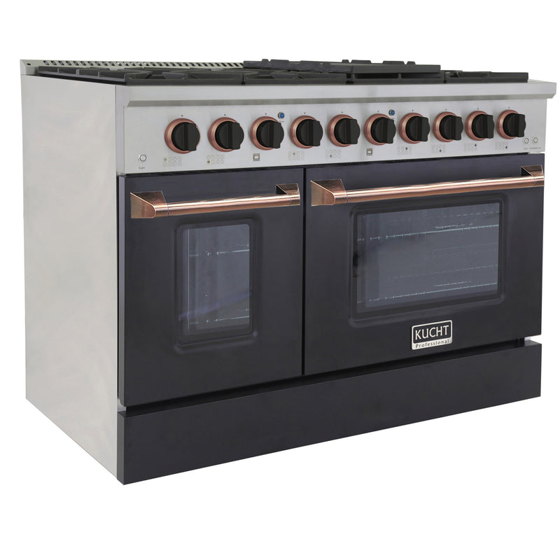 Kucht Professional 48" 6.7 cu ft. Propane Gas Range with Black Door and Rose Gold Knobs, KNG481/LP-K-ROSE