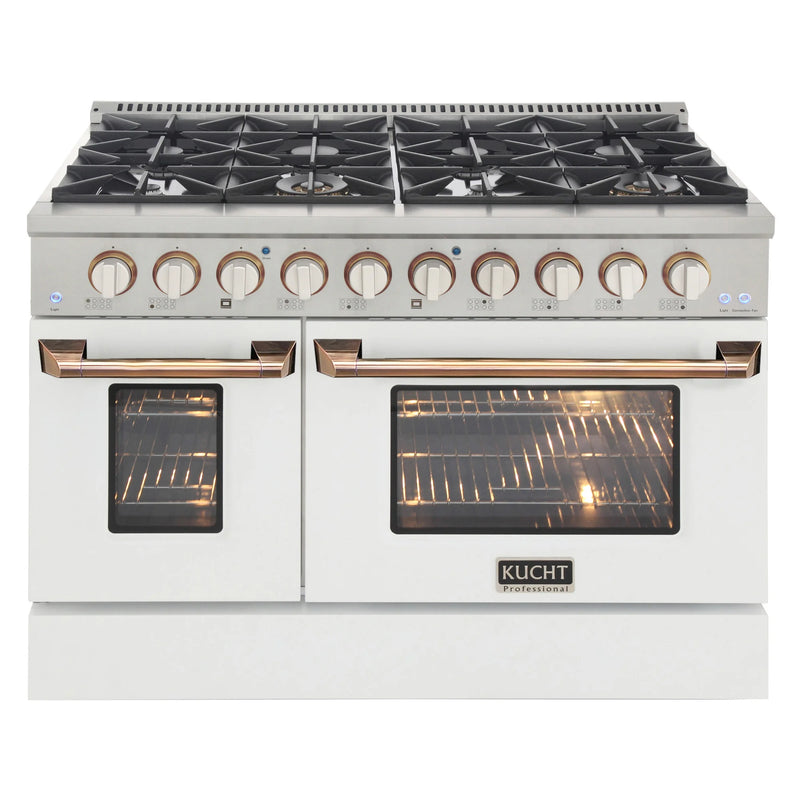 Kucht Professional 48" 6.7 cu ft. Natural Gas Range with White Door and Gold Knobs, KNG481-W-GOLD