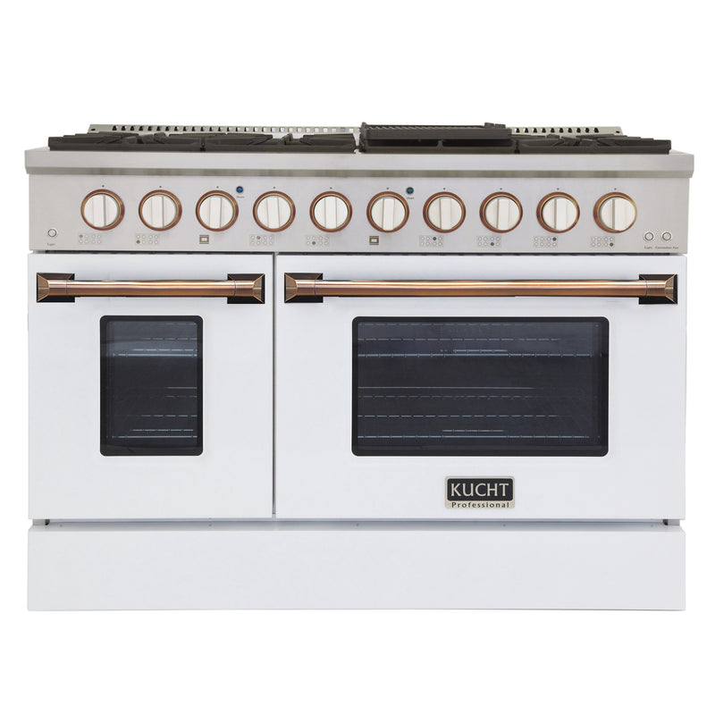 Kucht Professional 48" 6.7 cu ft. Propane Gas Range with White Door and Gold Knobs, KNG481/LP-W-GOLD