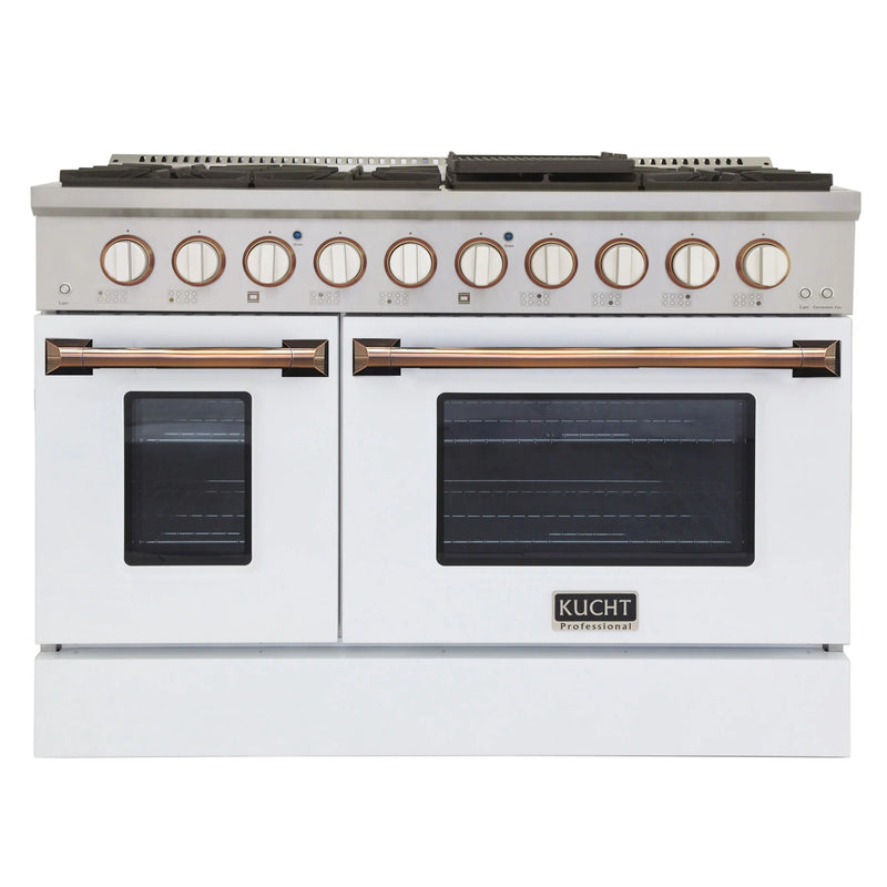 Kucht Professional 48" 6.7 cu ft. Natural Gas Range with White Door and Gold Knobs, KNG481-W-GOLD