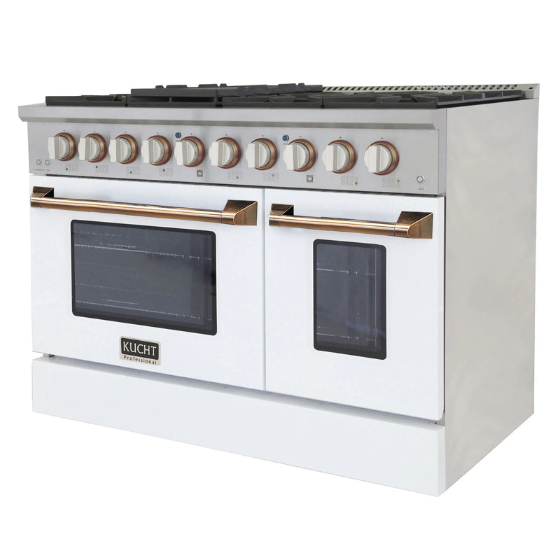 Kucht Professional 48" 6.7 cu ft. Propane Gas Dual Fuel Range with White Door and Gold Knobs, KDF482/LP-W-GOLD