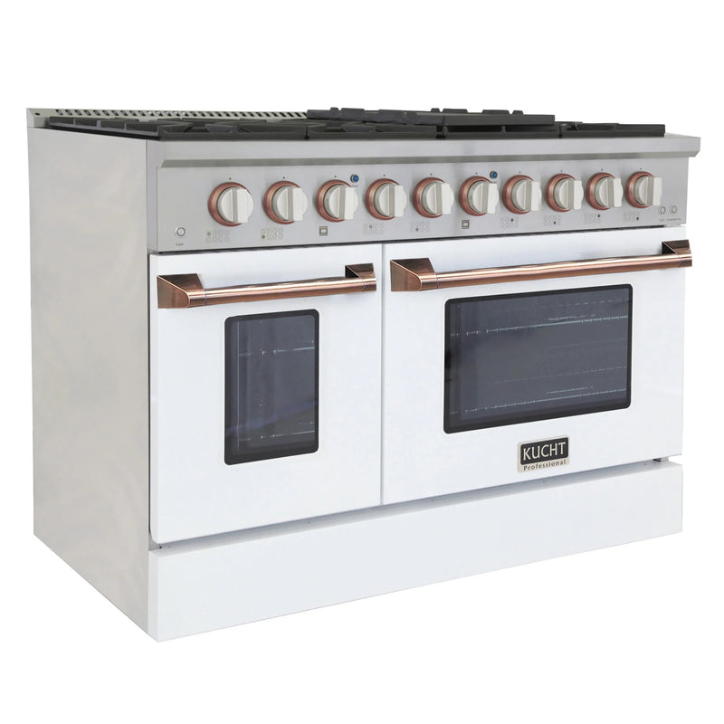 Kucht Professional 48" 6.7 cu ft. Propane Gas Dual Fuel Range with White Door and White Knobs, KDF482/LP-W-ROSE