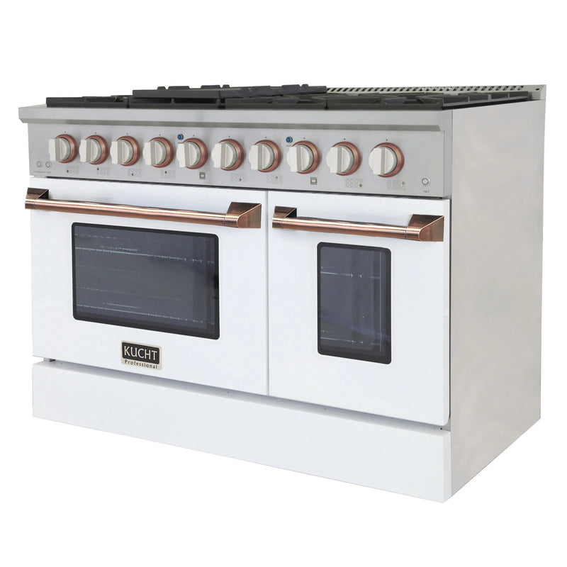 Kucht Professional 48" 6.7 cu ft. Natural Gas Dual Fuel Range with White Door and Rose Gold Knobs, KDF482-W-ROSE