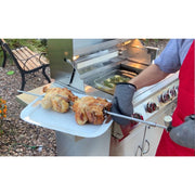 Kokomo Grills Professional 5 Burner 40 Inch Cart BBQ Grill in stainless steel with illuminated knobs, interior lights, and rotisserie function.