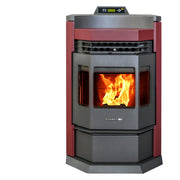 Pellet stove with visible flames on a white background