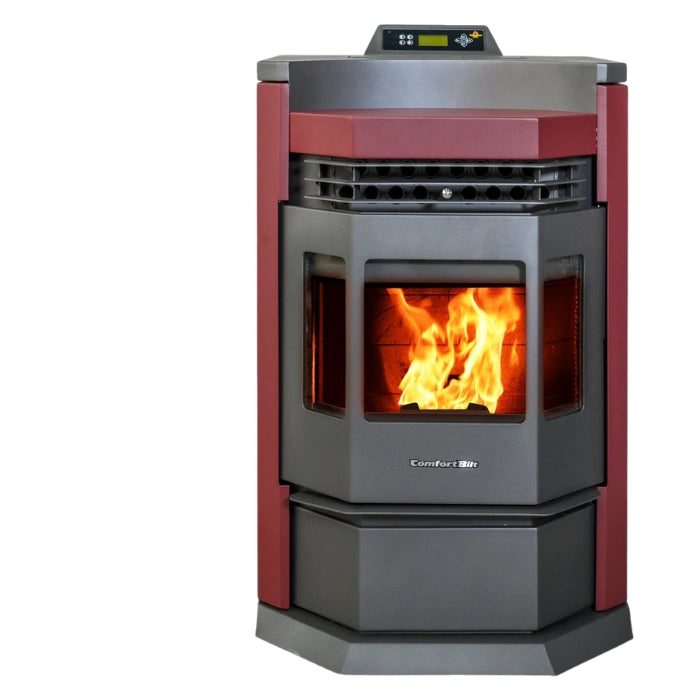 Pellet stove with visible flames on a white background