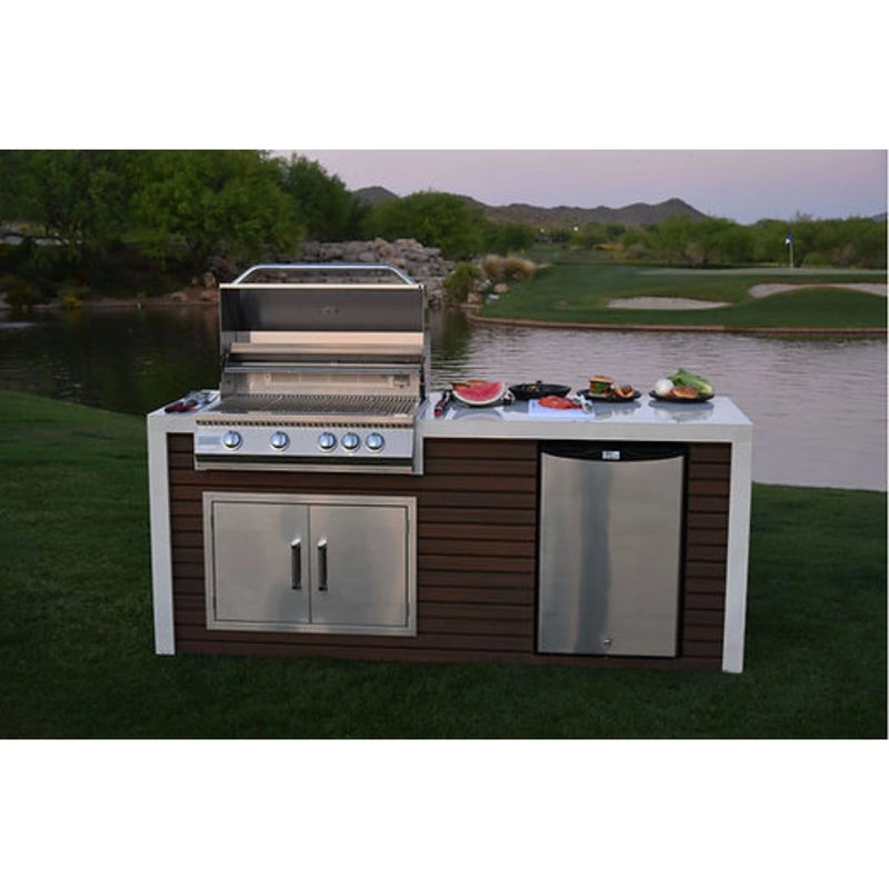 Kokomo Grills Classic Shiplap Outdoor Kitchen with 7'6" size, porcelain waterfall countertop, 4-burner grill, refrigerator, and double doors.