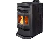 Black pellet stove with visible flames on a white background