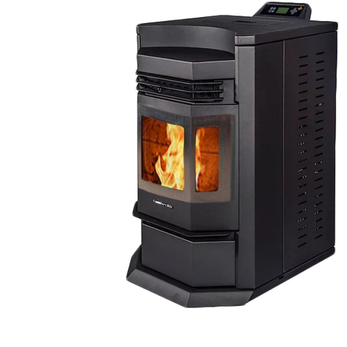 Black pellet stove with visible flames on a white background