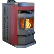 Red and gray pellet stove with visible flames on a white background