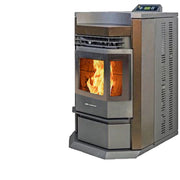 Wood pellet stove with visible flames on a white background
