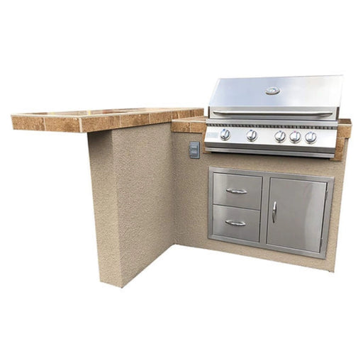 Kokomo Grills Havana L-Shape BBQ Island with 4 Burner 32" built-in grill, porcelain tile countertop, drawers, and bar seating.