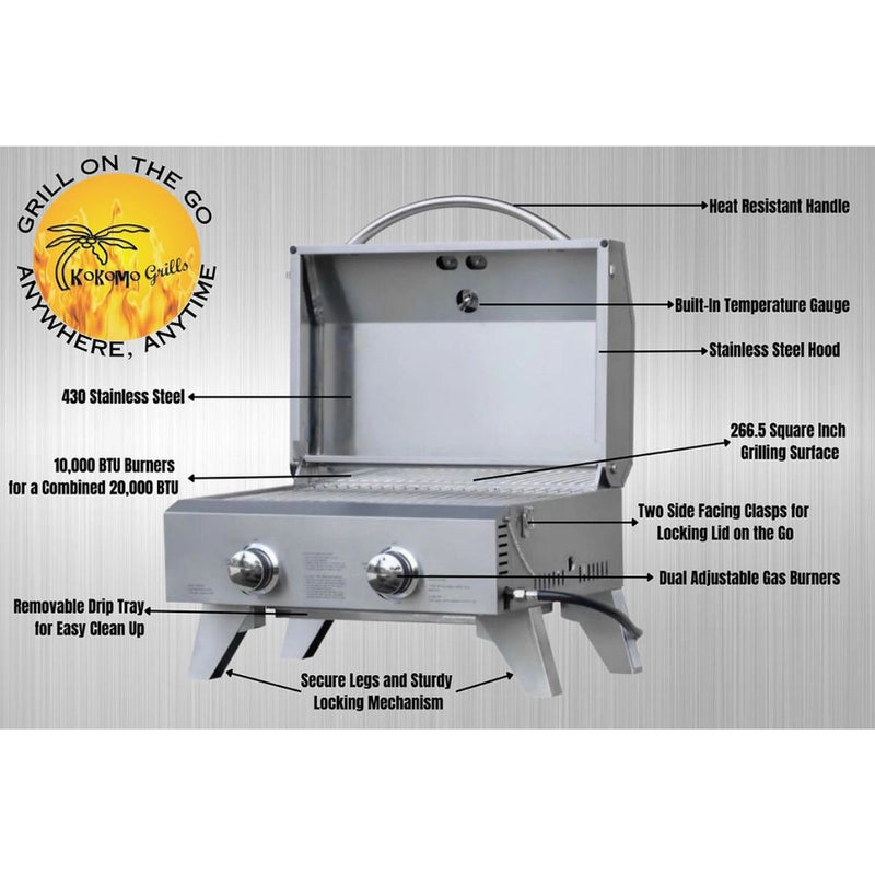 Kokomo Grills On The Go KO-PTBL portable stainless steel grill with dual 20,000 BTU burners, temperature gauge, secure legs, and carry handle.