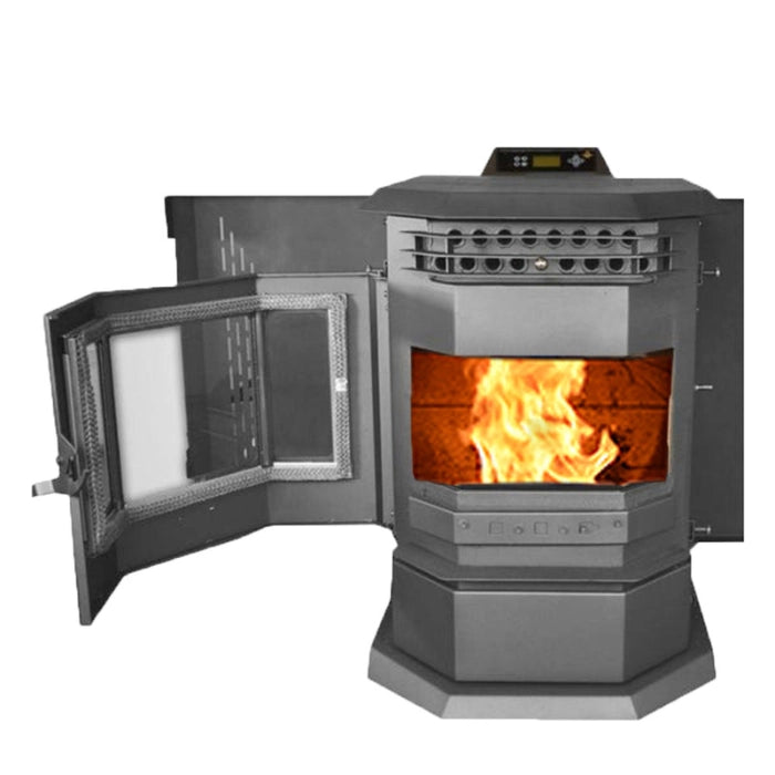 Wood-burning stove with open door showing flames inside