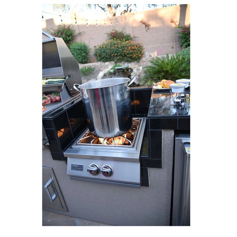 Kokomo Grills Professional Built-in Power Burner stainless steel with LED-lit knobs, removable wok grate, and SureLight ignition system.