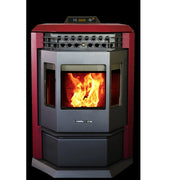 Red and gray pellet stove with visible flames on a white background