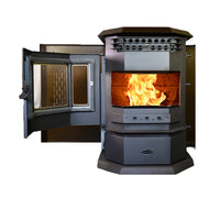 Wood-burning stove with open door showing flames on a white background