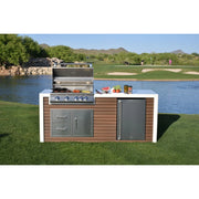 Kokomo Grills Professional Shiplap Outdoor Kitchen with 7'6" composite siding, porcelain tile countertop, drawers, fridge, and 32" grill.