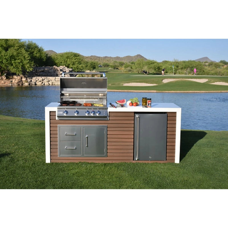 Kokomo Grills Professional Shiplap Outdoor Kitchen with 7'6" composite siding, porcelain tile countertop, drawers, fridge, and 32" grill.