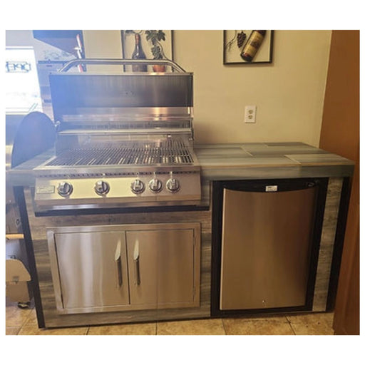 Kokomo Grills Elite 6' BBQ Island with driftwood composite siding, 4-burner stainless steel grill, double doors, and mini fridge.