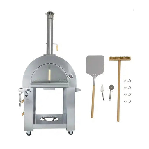 Kokomo Grills 32 Inch Dual Fuel Pizza Oven with stainless steel body, temperature gauge, chimney, and four-piece accessory kit on cart.