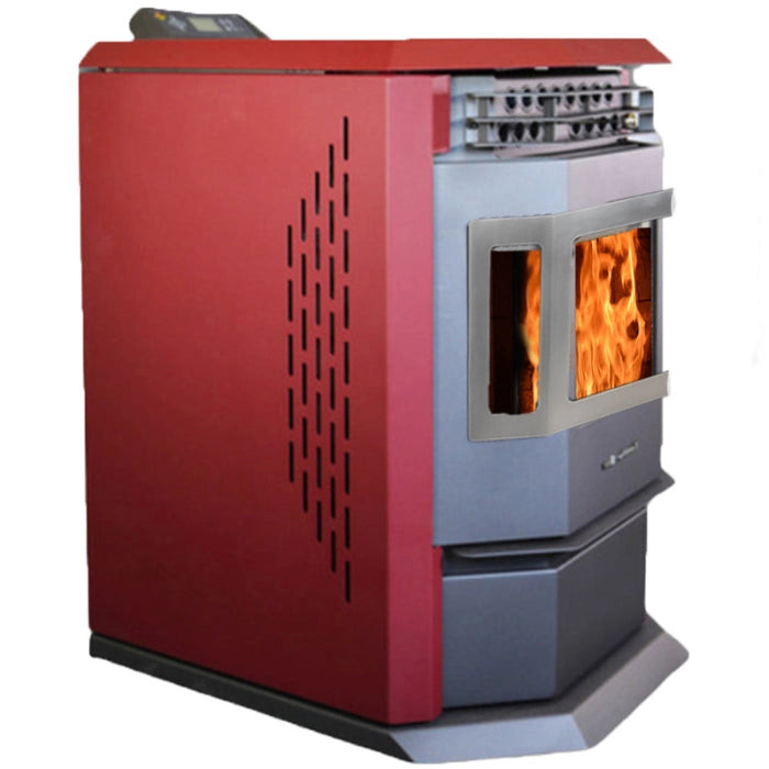 Red and gray pellet stove with visible flames on a white background