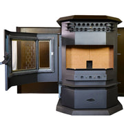 Wood-burning stove with open door on a white background